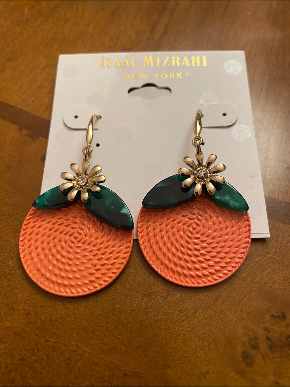 Isaac Mizrahi Coral Orange and Emerald Green Floral Drop Earrings